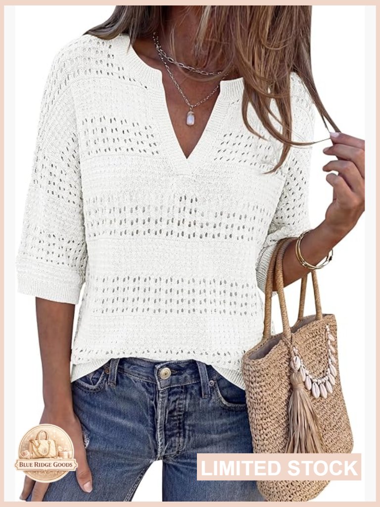 Crochet Hollow Out Knit Oversized V-Neck Short Sleeve Sweater Pullover Beach